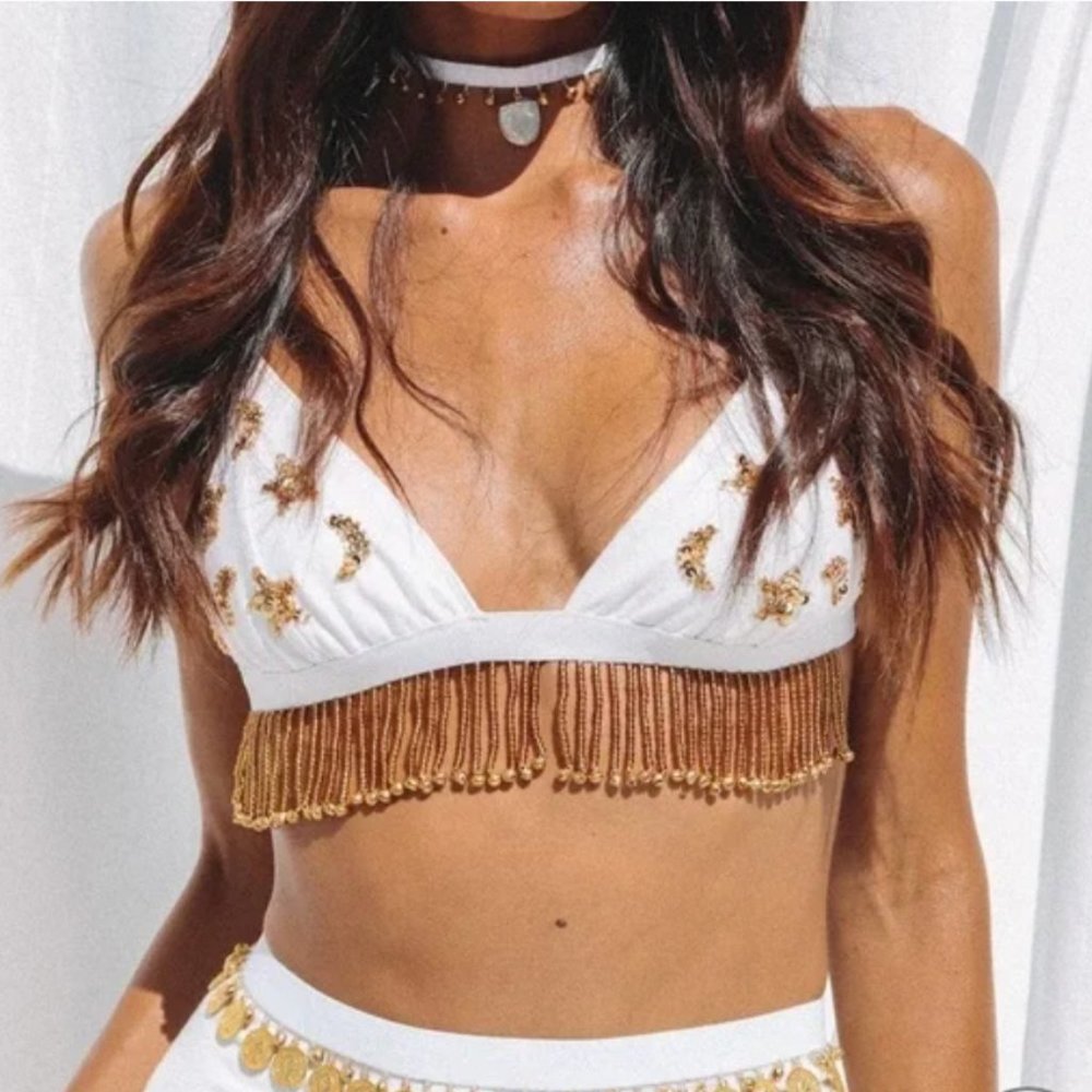 (NWT) HER PONY Nevada Jingle Bra Star and Moon White/Gold Festival Bralette
